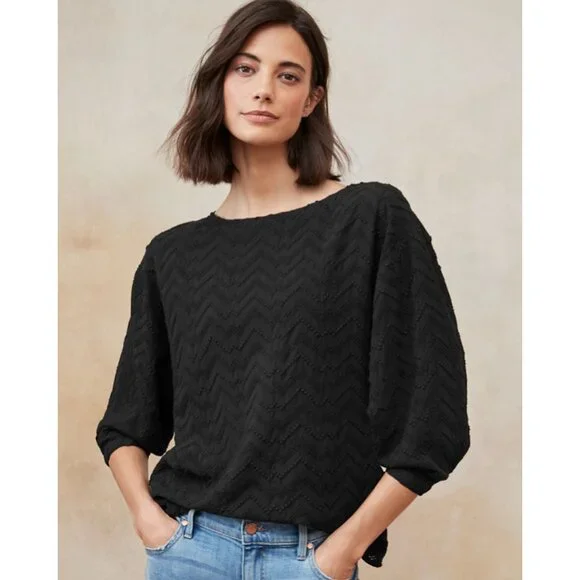 Garnet Hill Black Boat Neck 3/4 Sleeve Boheme Embroidered Blouse - Picture 6 of 6